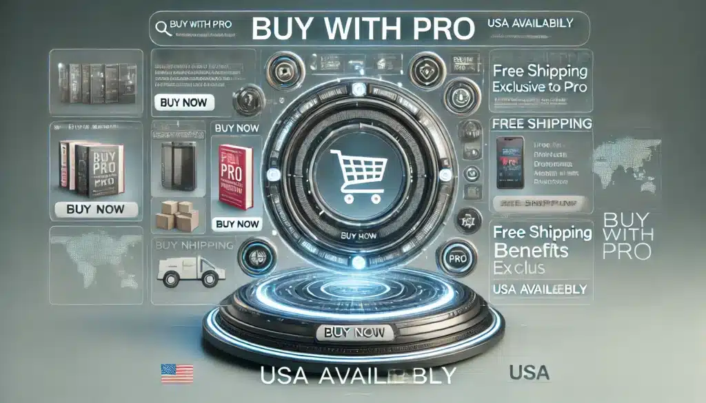 Interfaz futurista de la función "Buy with Pro" de Perplexity, destacando un carrito de compras digital y opciones de envío gratuito, exclusiva para suscriptores en Estados Unidos.