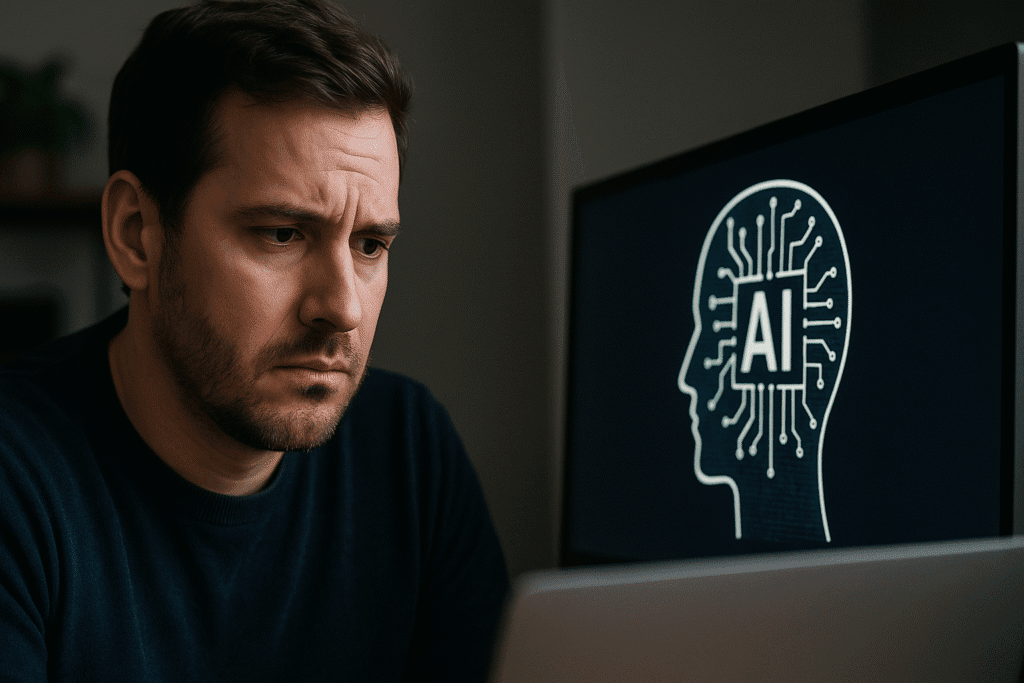 Hombre con expresión preocupada mirando una pantalla con un símbolo de inteligencia artificial, en un entorno doméstico moderno y tenue.