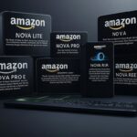 Esta imagen muestra la gama de productos de Amazon Nova, la nueva apuesta de Amazon en inteligencia artificial. Se presentan diferentes modelos como Nova Lite, Nova Pro, Nova Pro E, Nova Reel y Nova Rir, cada uno diseñado para diversas aplicaciones y necesidades en el campo de la IA. La imagen destaca la versatilidad y el poder innovador de Amazon Nova en la generación de texto, imágenes y videos, posicionando a Amazon como un líder en tecnología multimodal.