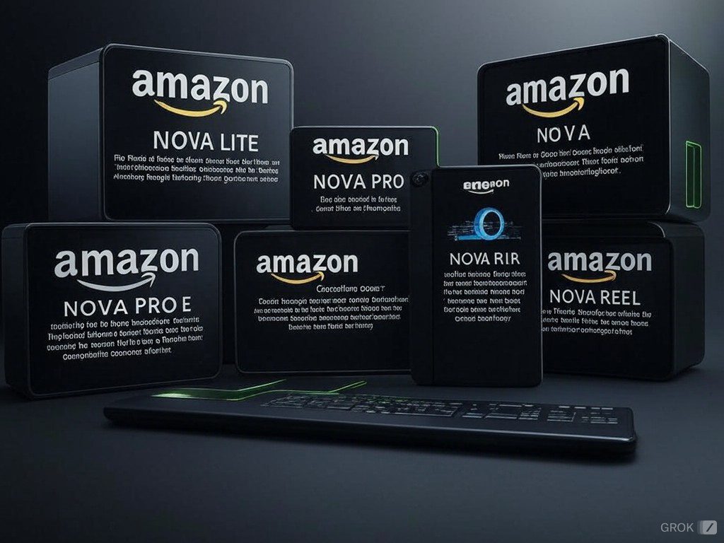 Esta imagen muestra la gama de productos de Amazon Nova, la nueva apuesta de Amazon en inteligencia artificial. Se presentan diferentes modelos como Nova Lite, Nova Pro, Nova Pro E, Nova Reel y Nova Rir, cada uno diseñado para diversas aplicaciones y necesidades en el campo de la IA. La imagen destaca la versatilidad y el poder innovador de Amazon Nova en la generación de texto, imágenes y videos, posicionando a Amazon como un líder en tecnología multimodal.