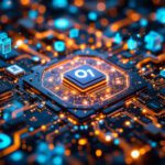 Representación digital del Modelo O1 de OpenAI, destacando su potencia computacional con un chip central iluminado en un circuito avanzado, simbolizando innovación en inteligencia artificial.