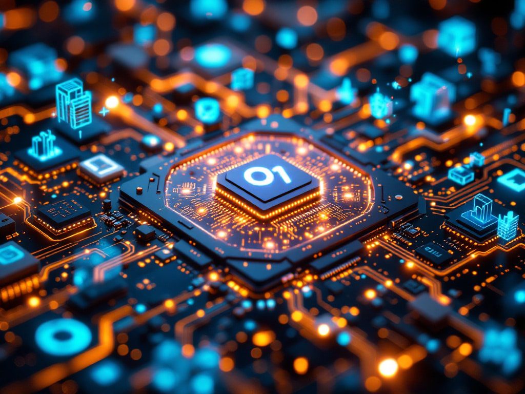 Representación digital del Modelo O1 de OpenAI, destacando su potencia computacional con un chip central iluminado en un circuito avanzado, simbolizando innovación en inteligencia artificial.