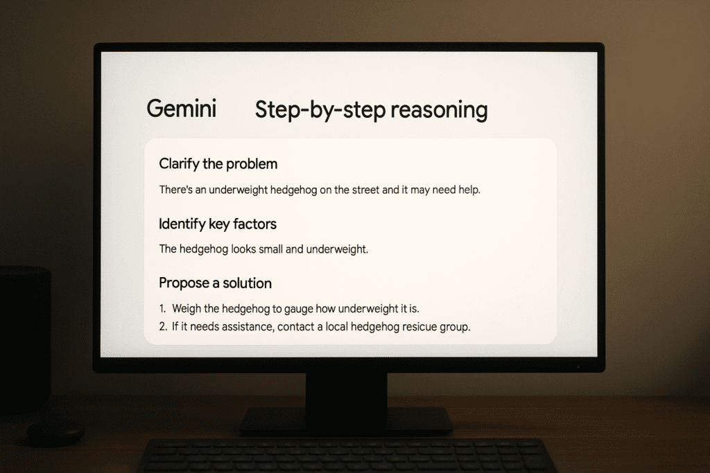 Monitor de ordenador en una habitación con luz tenue mostrando una interfaz de IA de Google Gemini 2.0, con texto explicando un proceso de razonamiento paso a paso para ayudar a un erizo desnutrido. Preguntar a ChatGPT