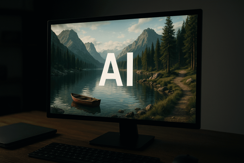 Pantalla de ordenador en una habitación tenue mostrando un paisaje generado por inteligencia artificial con un lago tranquilo, una barca roja, montañas al fondo y un sendero rodeado de árboles.