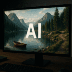 Pantalla de ordenador en una habitación tenue mostrando un paisaje generado por inteligencia artificial con un lago tranquilo, una barca roja, montañas al fondo y un sendero rodeado de árboles.