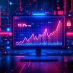 Gráfico en pantalla de un ordenador que muestra un aumento de ciberataques, representado por líneas ascendentes en rojo, en un entorno digital con indicadores de seguridad y datos, ilustrando el impacto de la inteligencia artificial en la ciberseguridad.