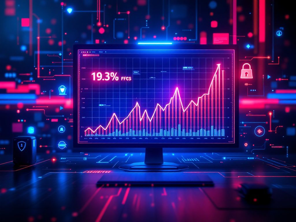 Gráfico en pantalla de un ordenador que muestra un aumento de ciberataques, representado por líneas ascendentes en rojo, en un entorno digital con indicadores de seguridad y datos, ilustrando el impacto de la inteligencia artificial en la ciberseguridad.