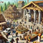 Representación de una sociedad creada por inteligencia artificial en Minecraft, con personajes pixelados interactuando en un mercado, rodeados de construcciones detalladas y un edificio clásico, reflejando dinámicas sociales emergentes controladas por IA.