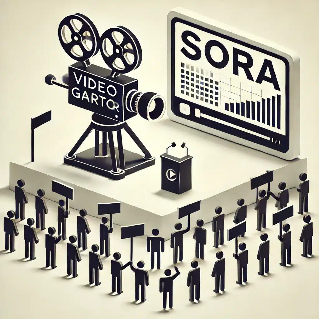 Representación gráfica del generador de videos Sora de OpenAI, mostrando una cámara de cine clásica, un monitor con estadísticas y un grupo de figuras humanas con pancartas, simbolizando el debate y boicot de artistas.