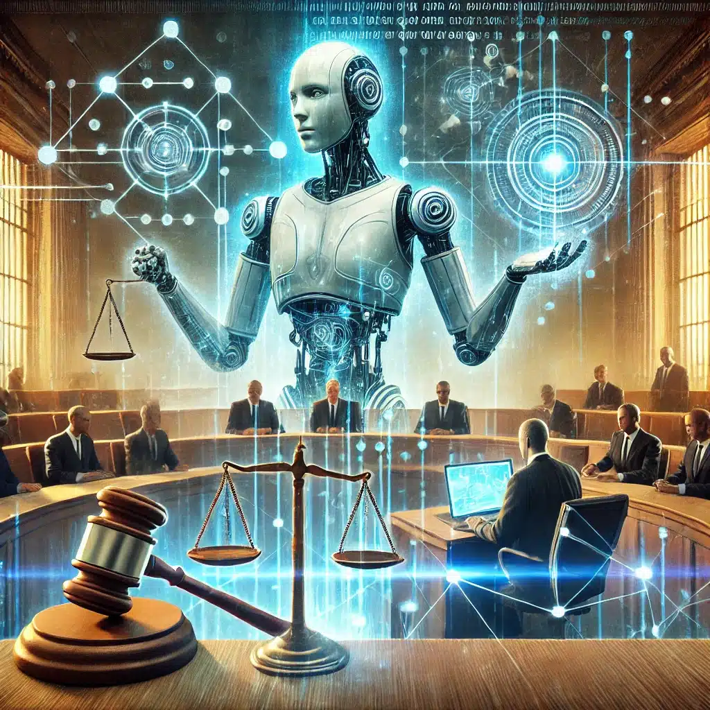 Representación de un robot de inteligencia artificial en una sala de justicia, sosteniendo una balanza, con gráficos tecnológicos y abogados trabajando en el fondo, simbolizando el uso de la inteligencia artificial en el ámbito legal.