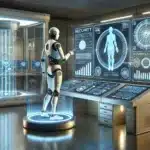Un laboratorio futurista con un androide interactuando con pantallas holográficas avanzadas. Los gráficos muestran datos relacionados con seguridad, inteligencia artificial y anatomía digital, ilustrando conceptos de comportamientos de IA avanzada.