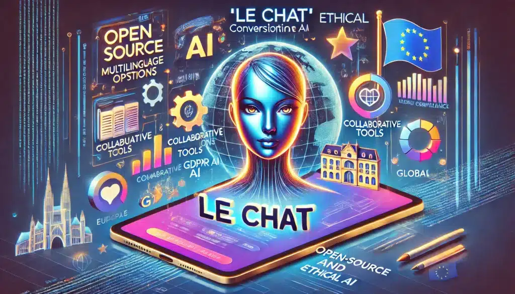 Ilustración de Le Chat AI, un asistente de inteligencia artificial europeo con código abierto, soporte multilingüe y cumplimiento del GDPR, destacando características como herramientas colaborativas y generación de imágenes.