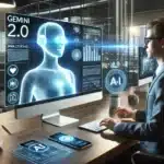 Un profesional interactúa con una interfaz de inteligencia artificial avanzada llamada Gemini 2.0, destacando su capacidad de visión en IA para analizar pantallas y ofrecer soporte en tiempo real, en un entorno tecnológico moderno y conectado.