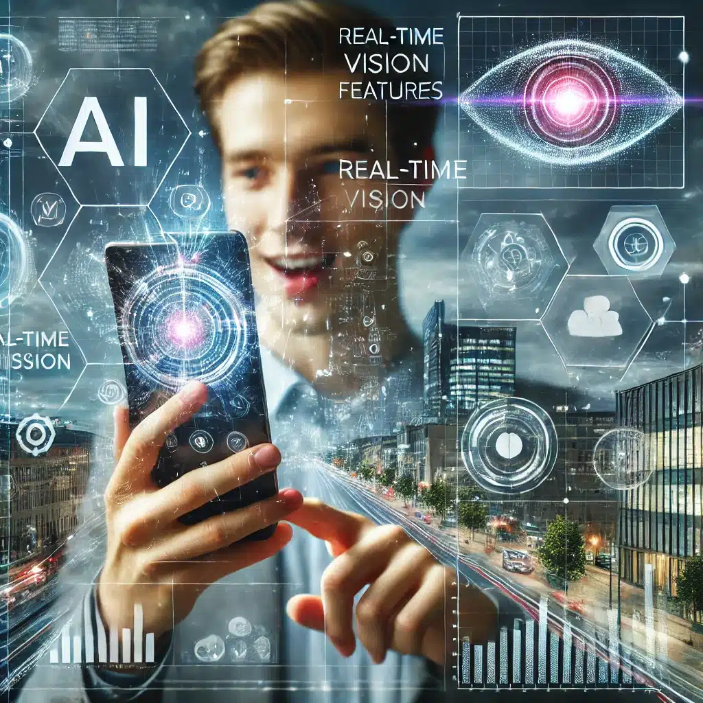 Persona utilizando un smartphone con gráficos futuristas de inteligencia artificial, representando la función de visión en tiempo real.