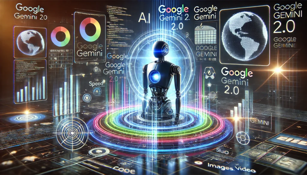 Ilustración futurista de Google Gemini 2.0 con un robot central rodeado de gráficos digitales, representaciones globales y elementos de inteligencia artificial avanzada.