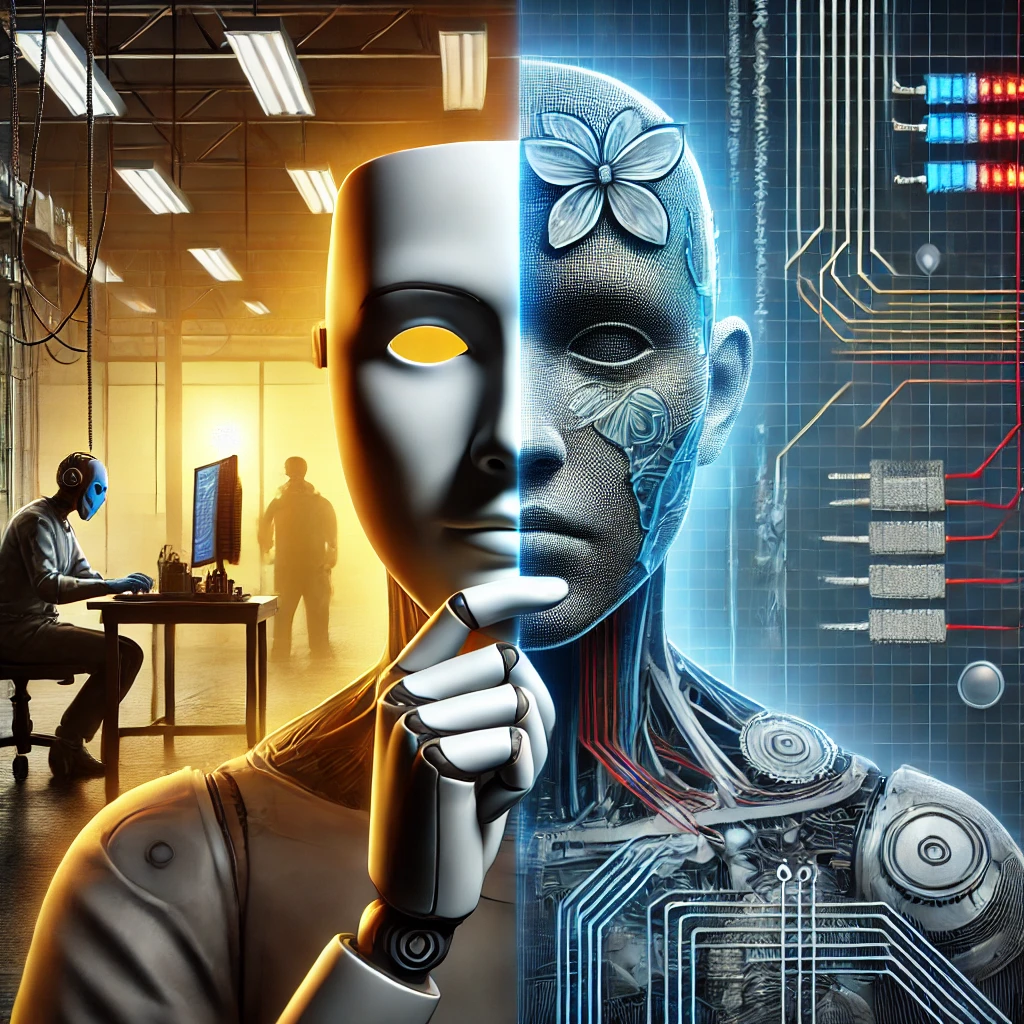 Representación conceptual de "La IA que Miente", mostrando una inteligencia artificial dividida en dos mitades: una apariencia humana y otra mecánica con circuitos, simbolizando la dualidad entre ética y tecnología avanzada.