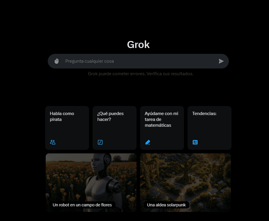 Interfaz de Grok herramienta de inteligencia artificial en X, mostrando opciones de generación de contenido, preguntas y tareas interactivas.