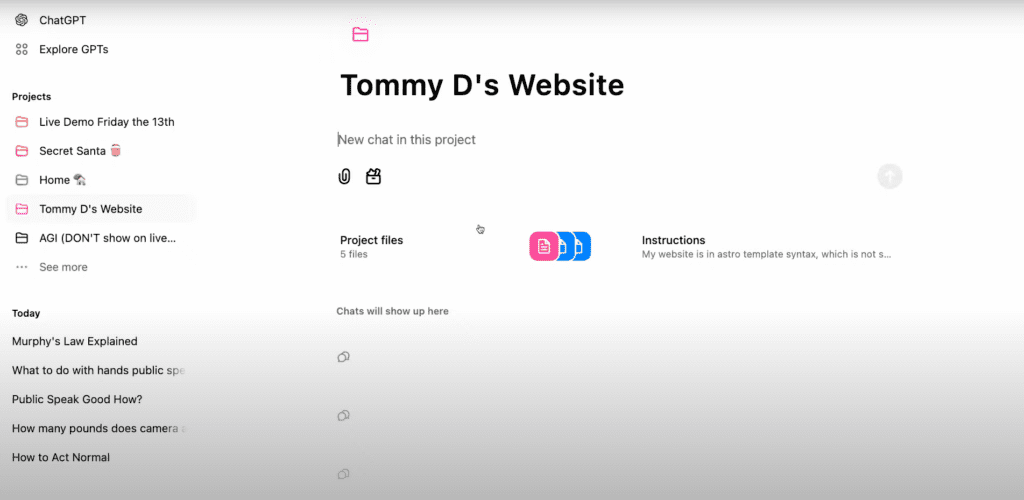  Captura de pantalla de un proyecto de ChatGPT titulado "Tommy D's Website", mostrando archivos subidos e instrucciones personalizadas para desarrollo web.