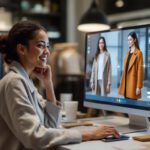 Mujer sonriendo mientras utiliza una herramienta de prueba virtual de ropa en una computadora, visualizando diferentes abrigos en pantalla.