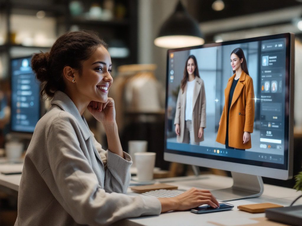 Mujer sonriendo mientras utiliza una herramienta de prueba virtual de ropa en una computadora, visualizando diferentes abrigos en pantalla.