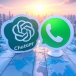 Imagen de los logotipos de ChatGPT y WhatsApp sobre un mapa mundial, simbolizando la integración global de la inteligencia artificial con plataformas de mensajería.