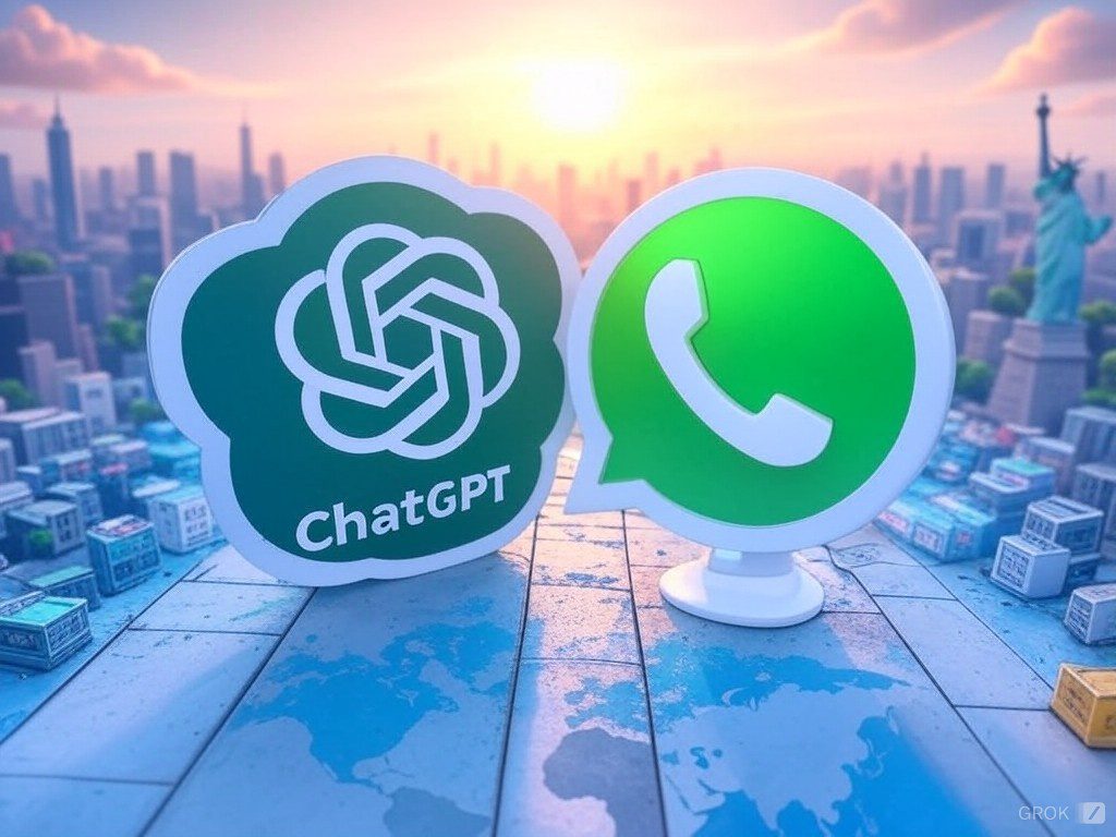 Imagen de los logotipos de ChatGPT y WhatsApp sobre un mapa mundial, simbolizando la integración global de la inteligencia artificial con plataformas de mensajería.
