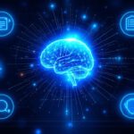 Representación digital de un cerebro iluminado en azul, simbolizando la inteligencia artificial avanzada, rodeado de iconos que representan capacidades de lenguaje y procesamiento de datos.