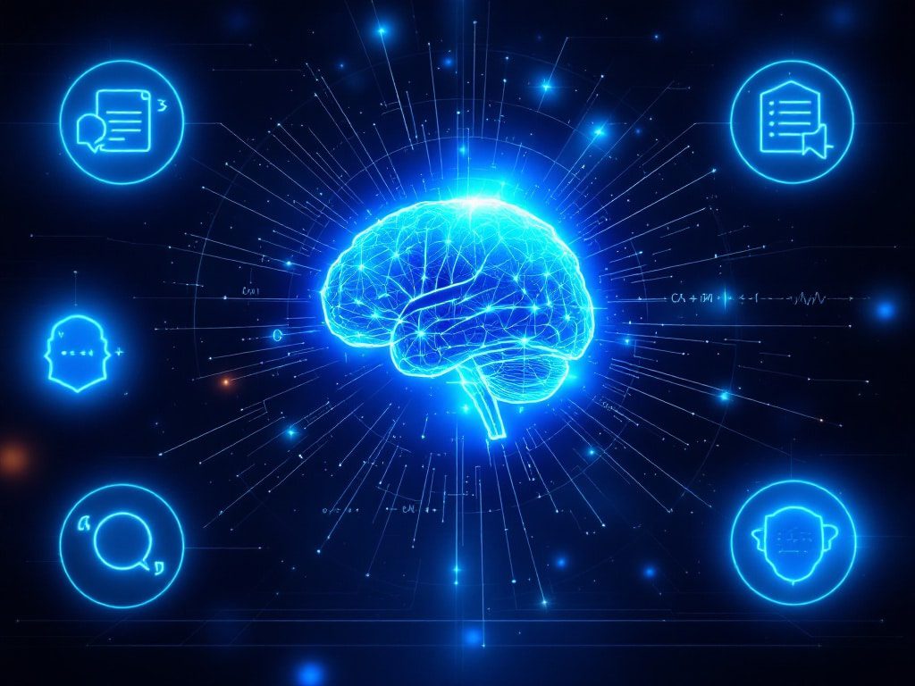 Representación digital de un cerebro iluminado en azul, simbolizando la inteligencia artificial avanzada, rodeado de iconos que representan capacidades de lenguaje y procesamiento de datos.