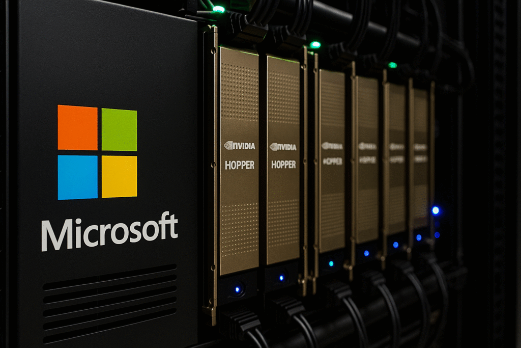 Servidor de alto rendimiento de Microsoft con múltiples GPUs Nvidia Hopper doradas alineadas en un rack, iluminadas por luces LED verdes y azules, simbolizando una potente infraestructura de inteligencia artificial.