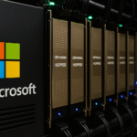 Servidor de alto rendimiento de Microsoft con múltiples GPUs Nvidia Hopper doradas alineadas en un rack, iluminadas por luces LED verdes y azules, simbolizando una potente infraestructura de inteligencia artificial.