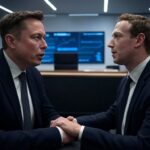 Elon Musk y Mark Zuckerberg sentados cara a cara en una sala de juntas discutiendo la transformación de OpenAI y el futuro de la inteligencia artificial.