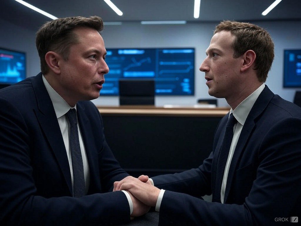 Elon Musk y Mark Zuckerberg sentados cara a cara en una sala de juntas discutiendo la transformación de OpenAI y el futuro de la inteligencia artificial.