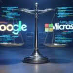 Una balanza metálica con los logotipos de Google y Microsoft de fondo, representando la competencia en inteligencia artificial entre ambas empresas.