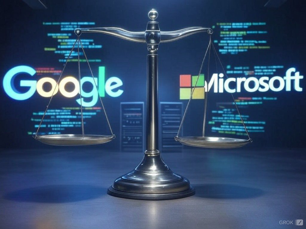 Una balanza metálica con los logotipos de Google y Microsoft de fondo, representando la competencia en inteligencia artificial entre ambas empresas.