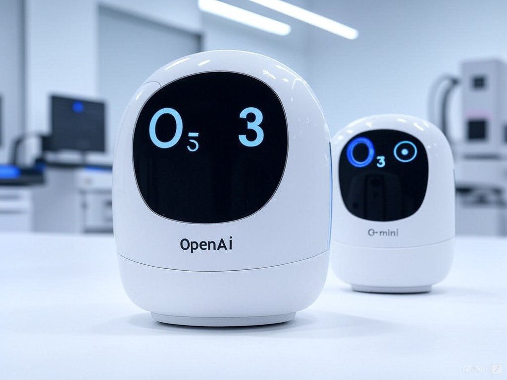 Primer plano de los modelos OpenAI o3 y o3-mini, dispositivos de inteligencia artificial avanzados diseñados para razonamiento y alineación deliberativa, presentados en un entorno de laboratorio moderno.