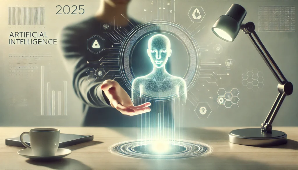 Representación futurista de la inteligencia artificial en 2025, mostrando un holograma humano generado por IA sobre un escritorio, con gráficos digitales y un entorno tecnológico.