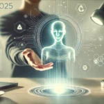 Representación futurista de la inteligencia artificial en 2025, mostrando un holograma humano generado por IA sobre un escritorio, con gráficos digitales y un entorno tecnológico.
