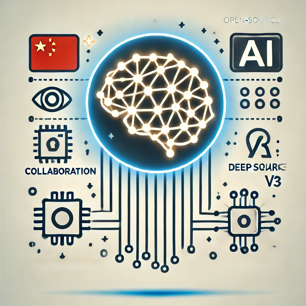 Ilustración conceptual de inteligencia artificial de código abierto, destacando un cerebro digital conectado con referencias a DeepSeek V3, colaboración global y tecnología china avanzada.