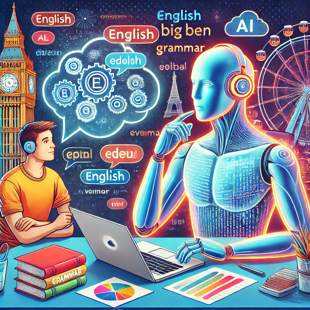 Un joven estudiante con audífonos interactúa con un robot de inteligencia artificial en una computadora portátil, practicando inglés con palabras clave como "English", "grammar", y "AI", mientras el Big Ben y una rueda de la fortuna decoran el fondo.