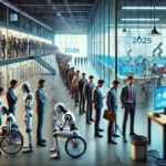 Fila de trabajadores humanos y robots esperando en un entorno futurista de oficina para procesos de selección laboral en 2025, reflejando el impacto de la IA en el empleo y la automatización de tareas.