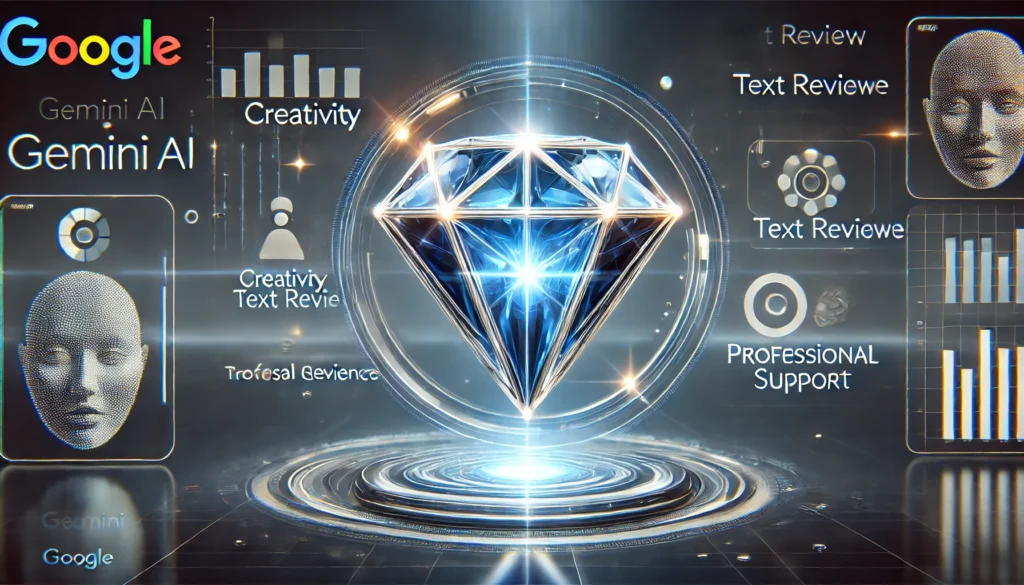 Representación visual futurista de las Gems de Google Gemini, con un diamante azul brillante en el centro, gráficos de barras y elementos tecnológicos que destacan la creatividad y revisión de textos.