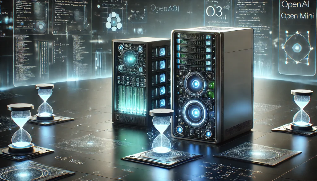Dos servidores futuristas que representan los modelos OpenAI O3 y O3 Mini, rodeados de hologramas de datos y relojes de arena digitales, simbolizando capacidad de razonamiento avanzado y eficiencia en la inteligencia artificial.