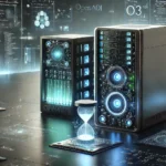 Dos servidores futuristas que representan los modelos OpenAI O3 y O3 Mini, rodeados de hologramas de datos y relojes de arena digitales, simbolizando capacidad de razonamiento avanzado y eficiencia en la inteligencia artificial.