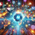 Mapa del mundo iluminado con íconos digitales y el texto "AI", representando la tecnología SEAMLESSM4T Meta para traducción multilingüe global.