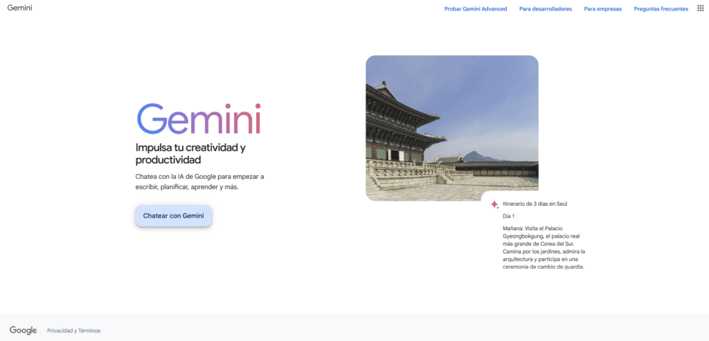 Página principal de Gemini de Google con diseño minimalista e información sobre generación de imágenes y análisis de videos.