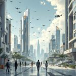 Ciudad futurista con personas caminando por calles rodeadas de edificios modernos, drones volando en el cielo y ambiente tecnológico, simbolizando las profesiones del futuro.