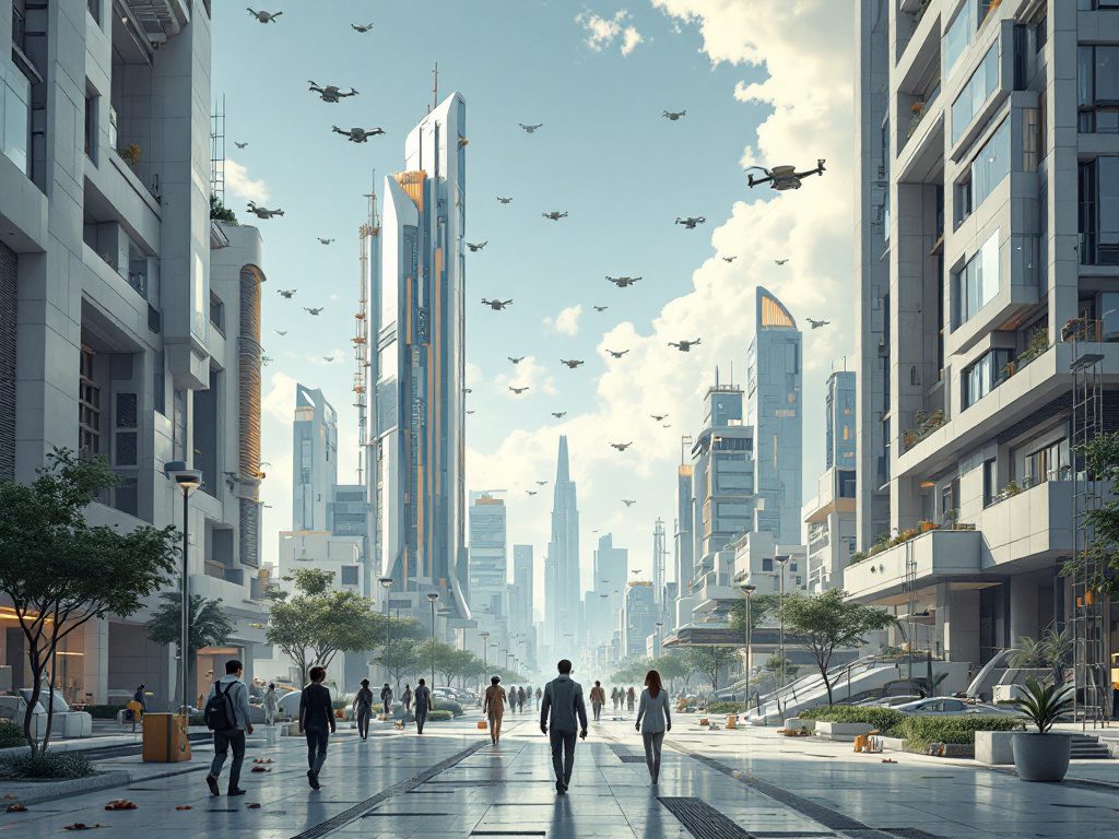 Ciudad futurista con personas caminando por calles rodeadas de edificios modernos, drones volando en el cielo y ambiente tecnológico, simbolizando las profesiones del futuro.