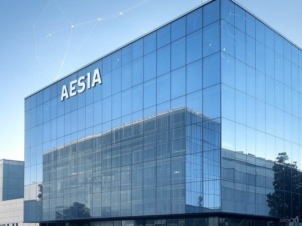Fachada moderna del edificio sede de la Agencia Española de Supervisión de la Inteligencia Artificial (AESIA) en La Coruña, con reflejos en vidrio.