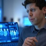 Sam Altman en una oficina tecnológica, con una pantalla de ordenador mostrando gráficos y figuras relacionadas con inteligencia artificial, destacando avances en AGI y ASI.