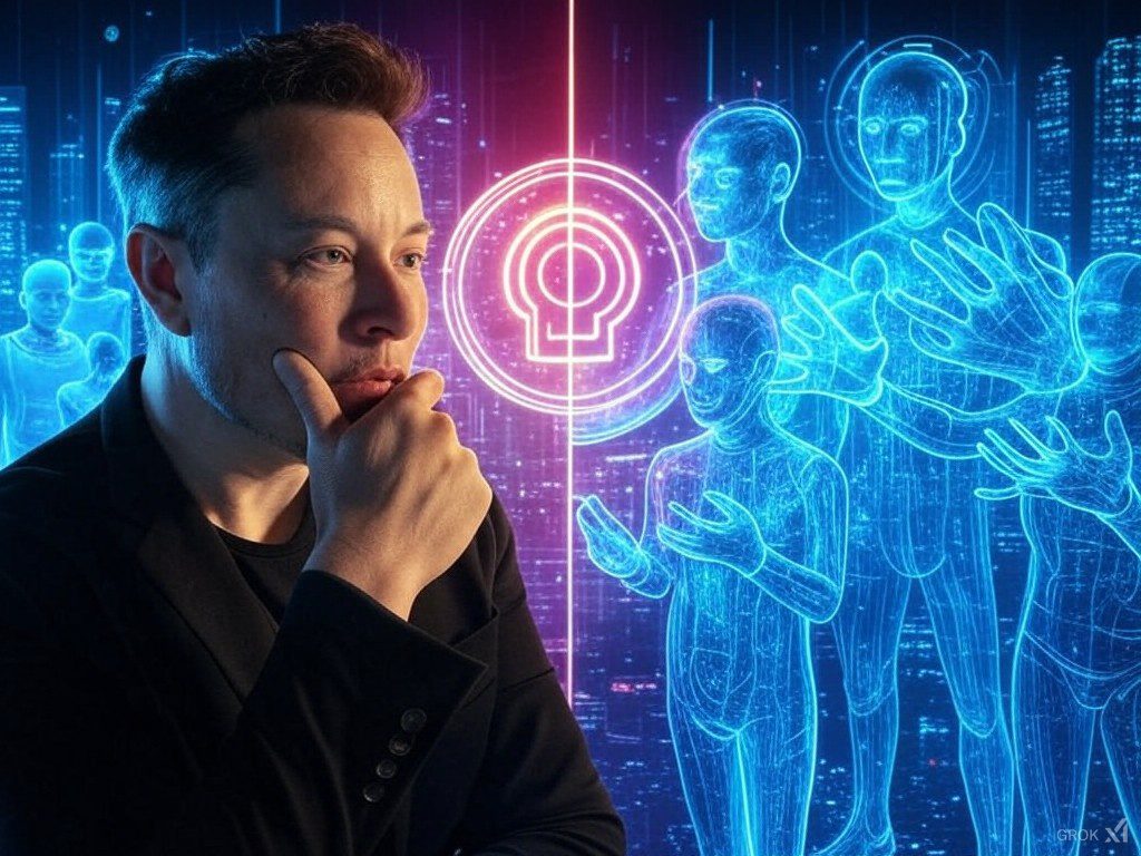 Elon Musk reflexionando sobre el futuro de la inteligencia artificial, con hologramas de figuras humanas y tecnología avanzada representando datos sintéticos y autoaprendizaje.